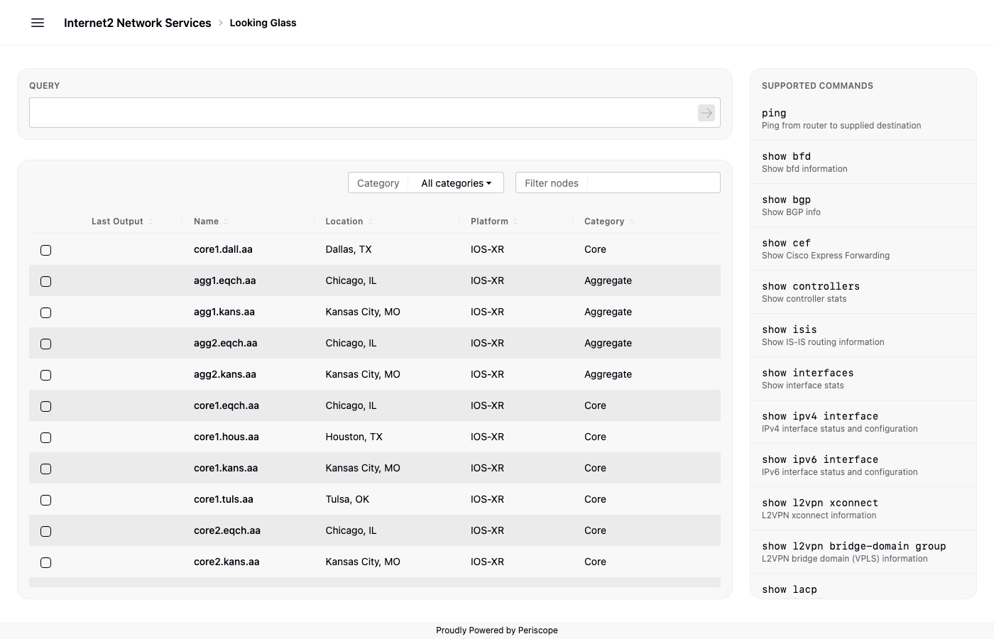 Screenshot of Periscope's Looking Glass, showing the query bar, the list of network devices, and the supported commands panel